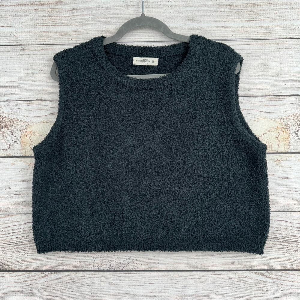 Natural Life Fuzzy Fleece Cropped Tank Top Sweater Womens‎ Medium Gray